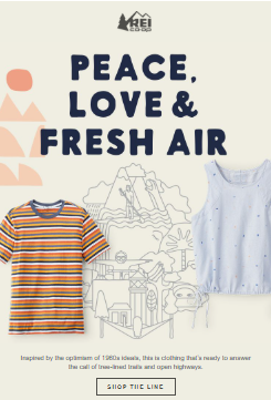REI’s Spring email newsletter titled "Peace, Love & Fresh air"